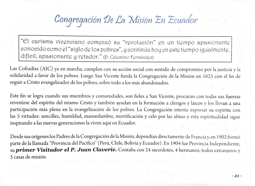 Llegada de las Hijas de Caridad y Congregación de la Misión a Ecuador